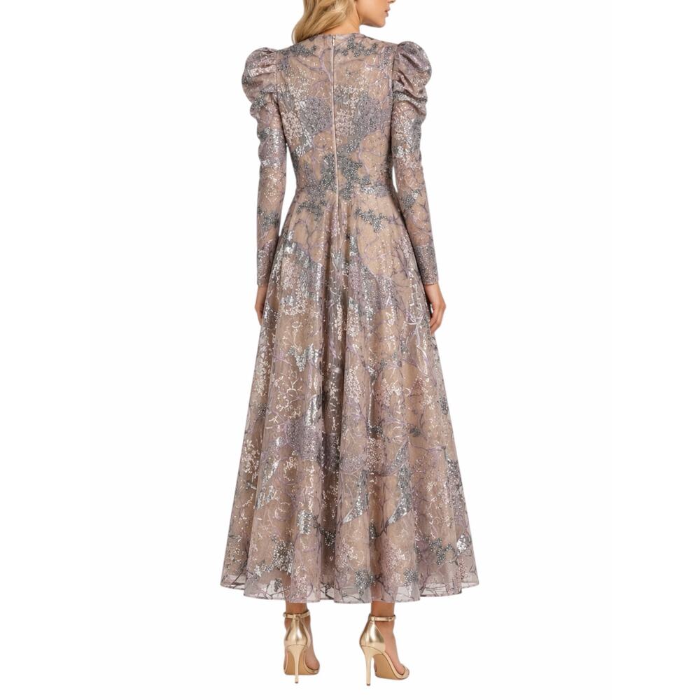 Mac Duggal Embellished High Neck Puff Sleeve A-Line Dress Taupe Size 6 - Picture 2 of 14